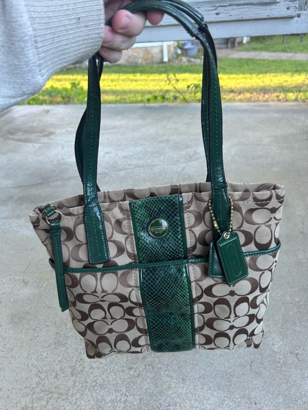 Coach Beige Signature Canvas Tote with Dark Green Trim